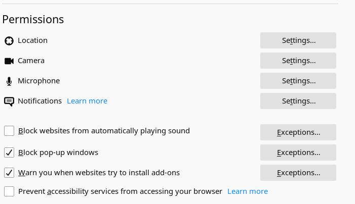 Firefox Settings; Permissions